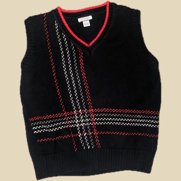black knit polo vest with red and white plaid detailing - Picture 1 of 3